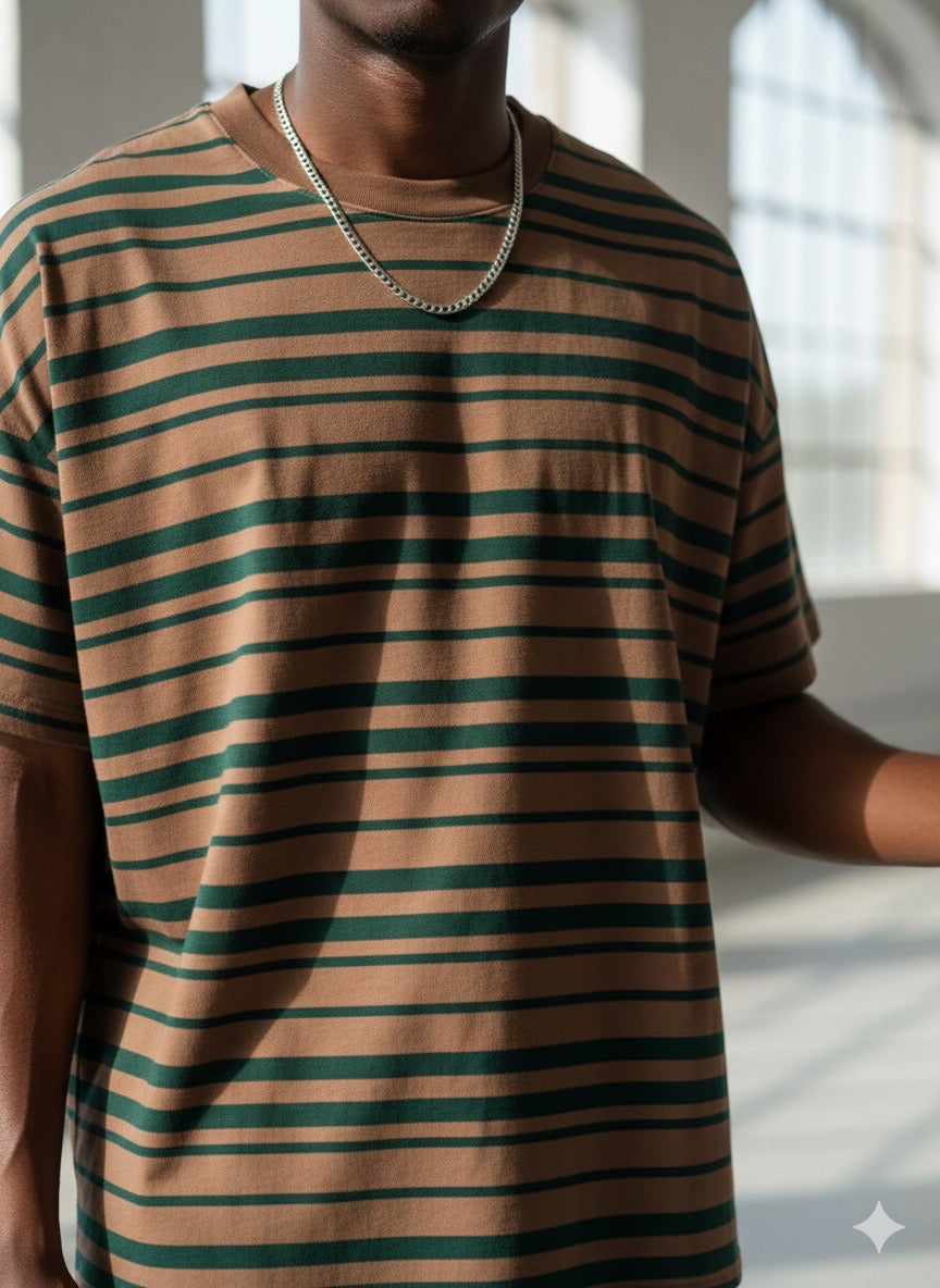 T-shirt Rayé Beige & Vert - XXL