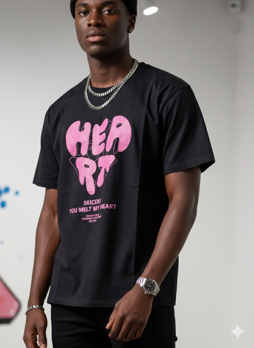 T-Shirt HEART Streetwear Noir - Graphisme Rose