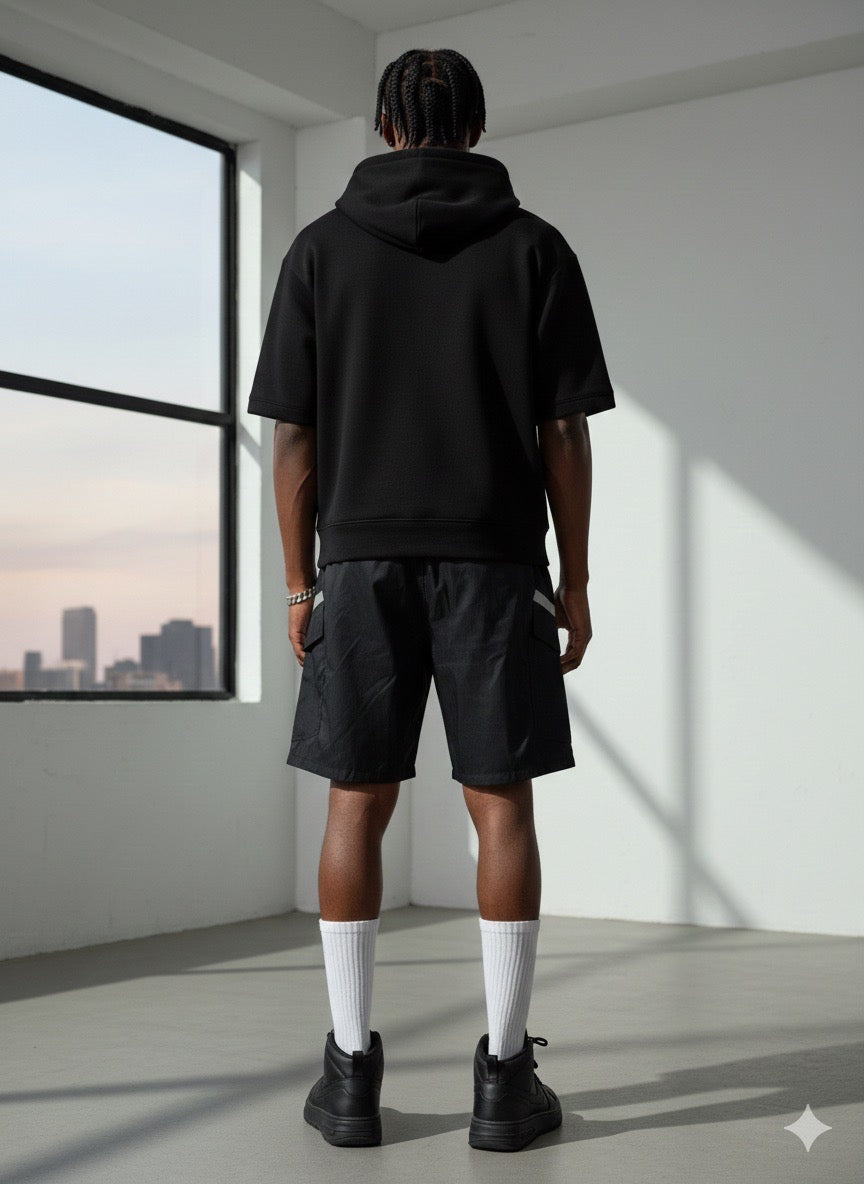 Short Cargo Noir Streetwear - Bandes Réfléchissantes