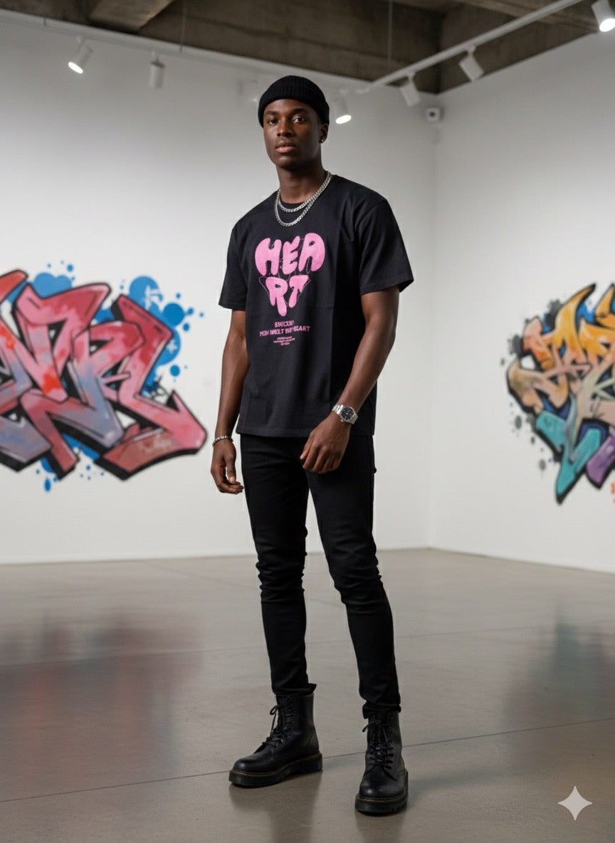 T-Shirt HEART Streetwear Noir - Graphisme Rose