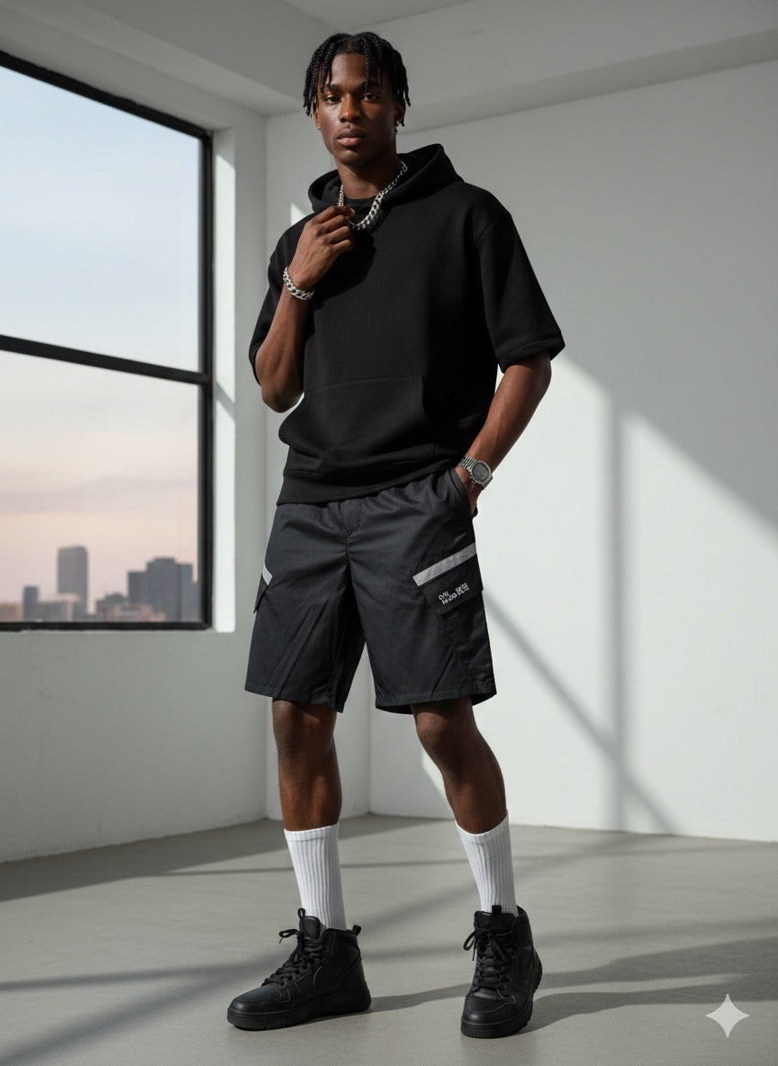 Short Cargo Noir Streetwear - Bandes Réfléchissantes