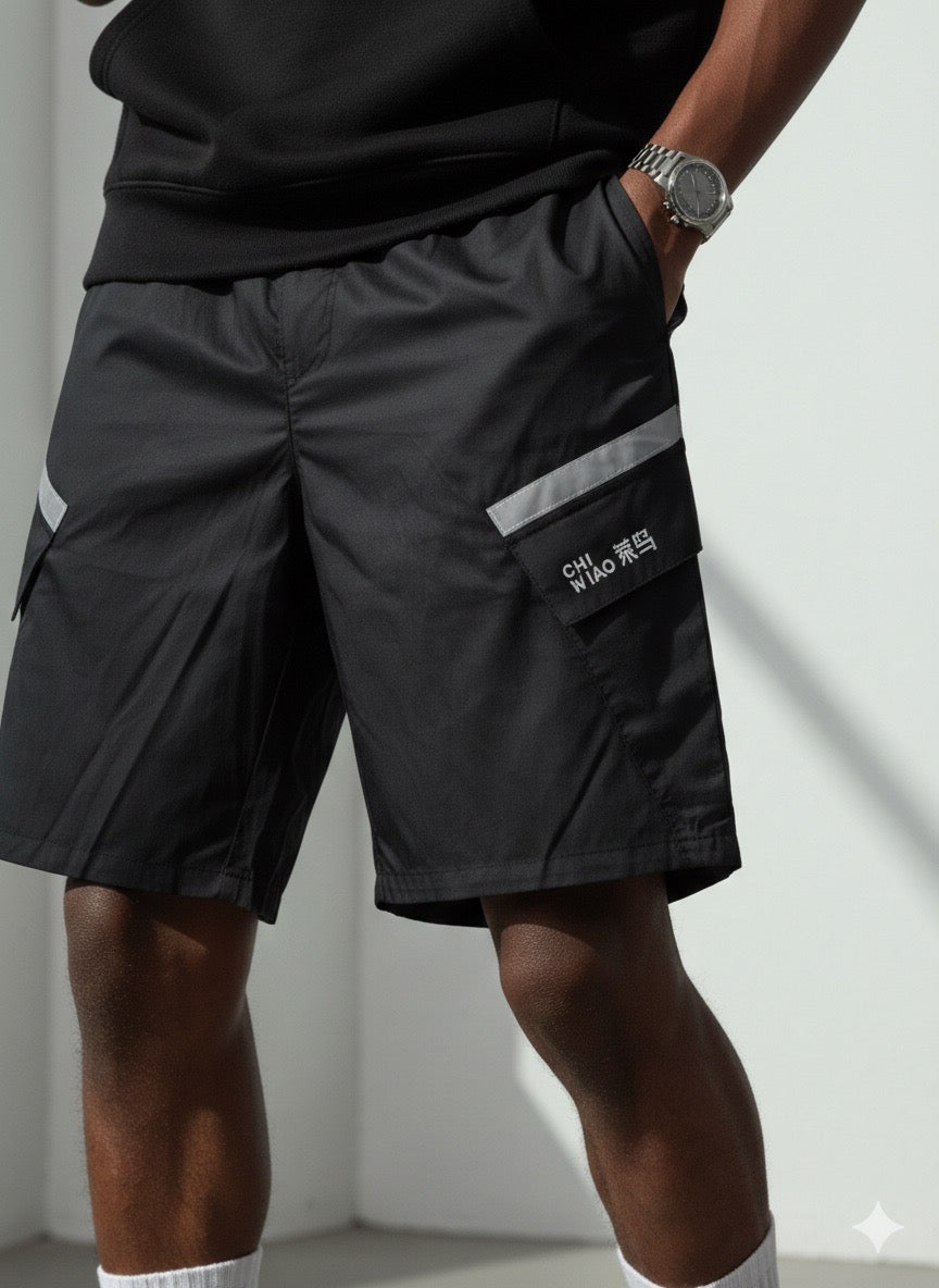 Short Cargo Noir Streetwear - Bandes Réfléchissantes