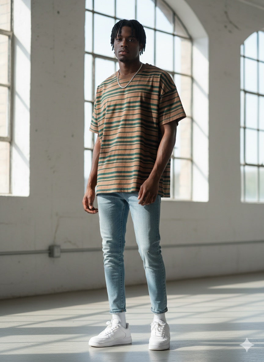 T-shirt Rayé Beige & Vert - XXL