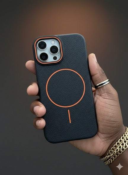 Pochette iPhone Cuir Noir Orange MagSafe Premium 🧡🖤