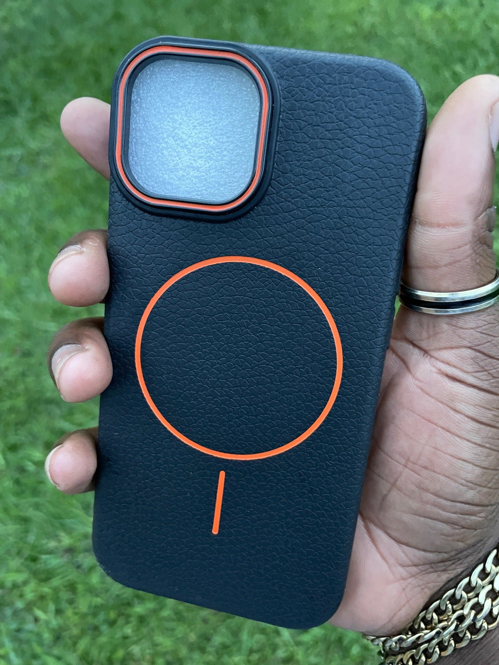 Pochette iPhone Cuir Noir Orange MagSafe Premium 🧡🖤