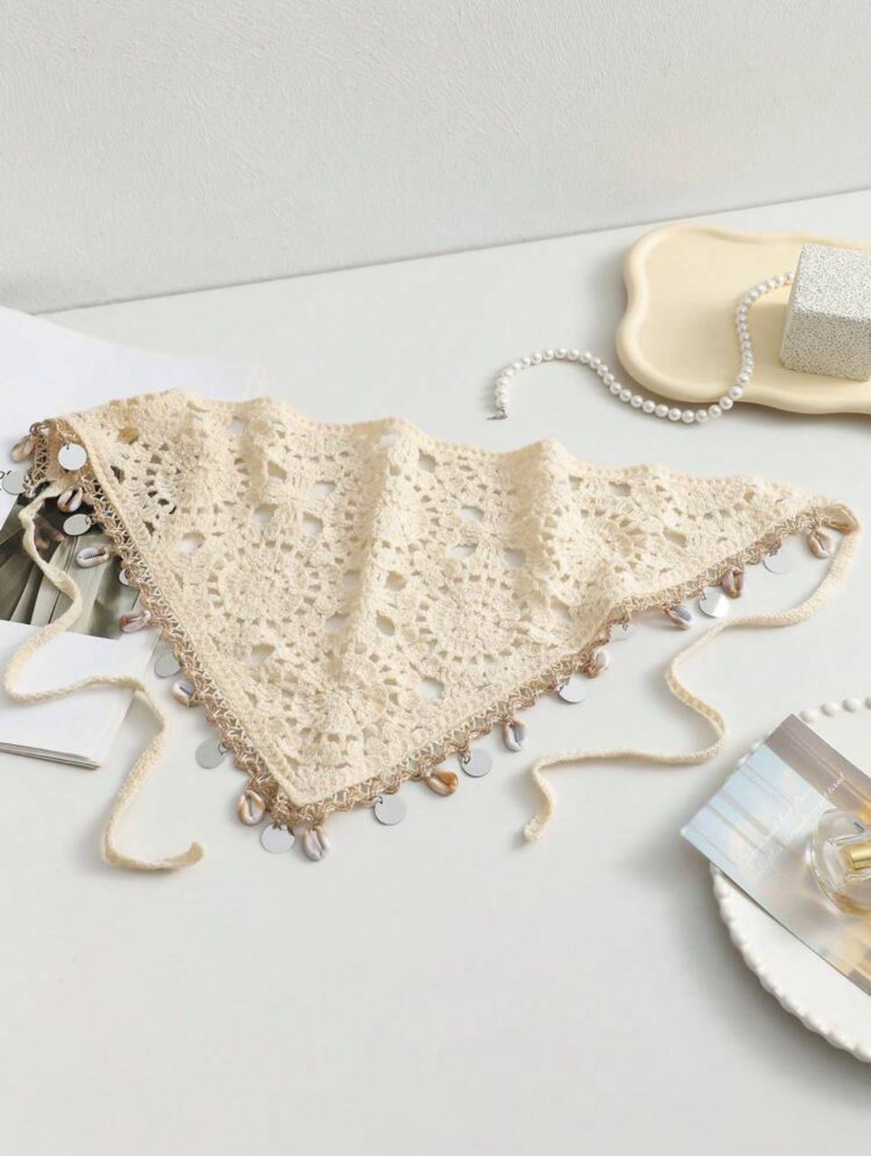 Bandana Crochet Bohème avec Coquillages - Style Plage Chic