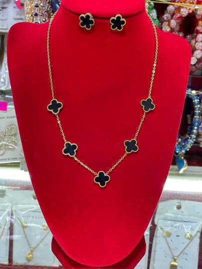 Chainette Dame - Collier et Boucles d'Oreilles Trèfle Noir